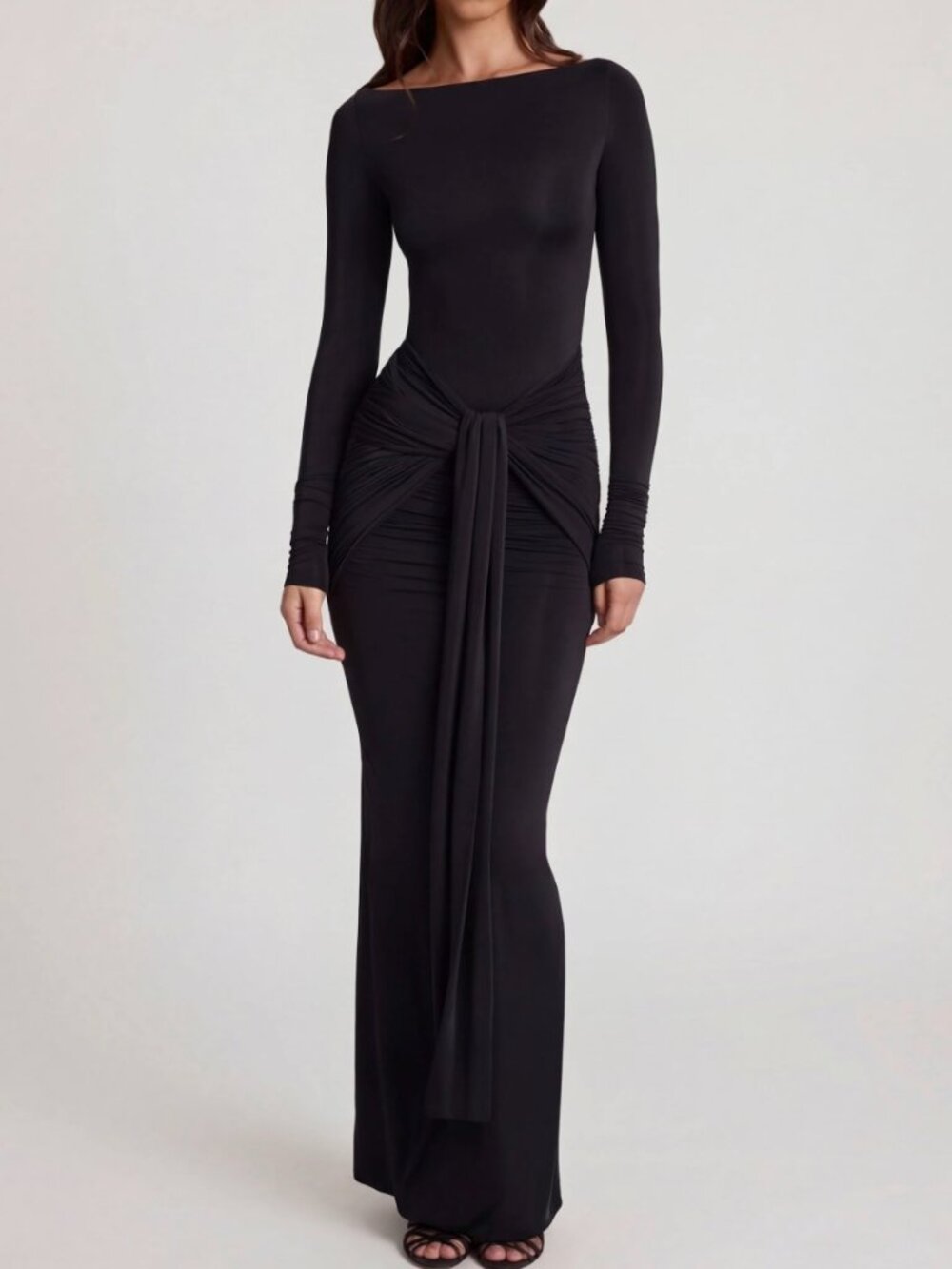Oh Polly Black Ruched Drape Maxi Dress – NWT